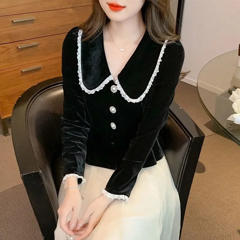 Корейский женский бархатный кардиган блузка весенне-осенняя женская рубашка с