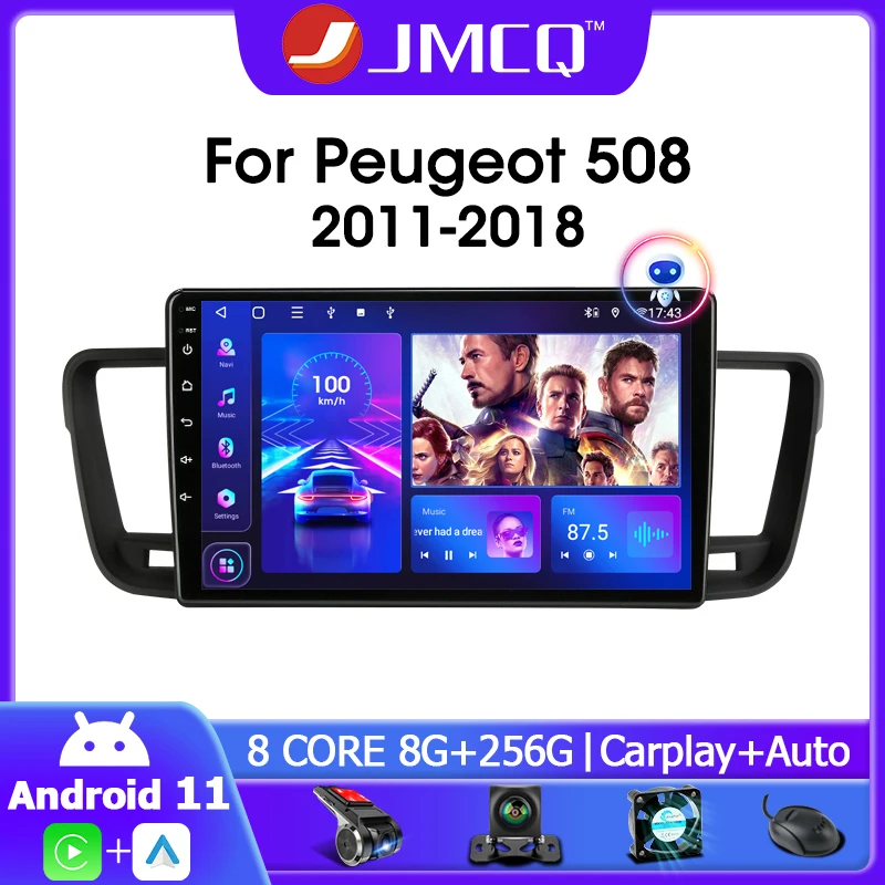 JMCQ 9" 2din Android 11.0 Car Radio Multimedia Video Player Navigation GPS For Peugeot 508 2011-2018 4G+WIFI Carplay Head Unit