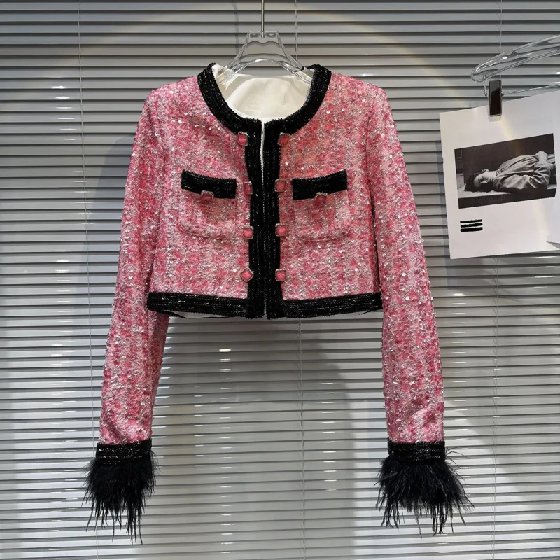 

PREPOMP 2023 Autumn New Arrival Feathers Sleeve Cuff High Quality Double Breasted Gemstone Buttons Rose Pink Tweed Jacket GL836