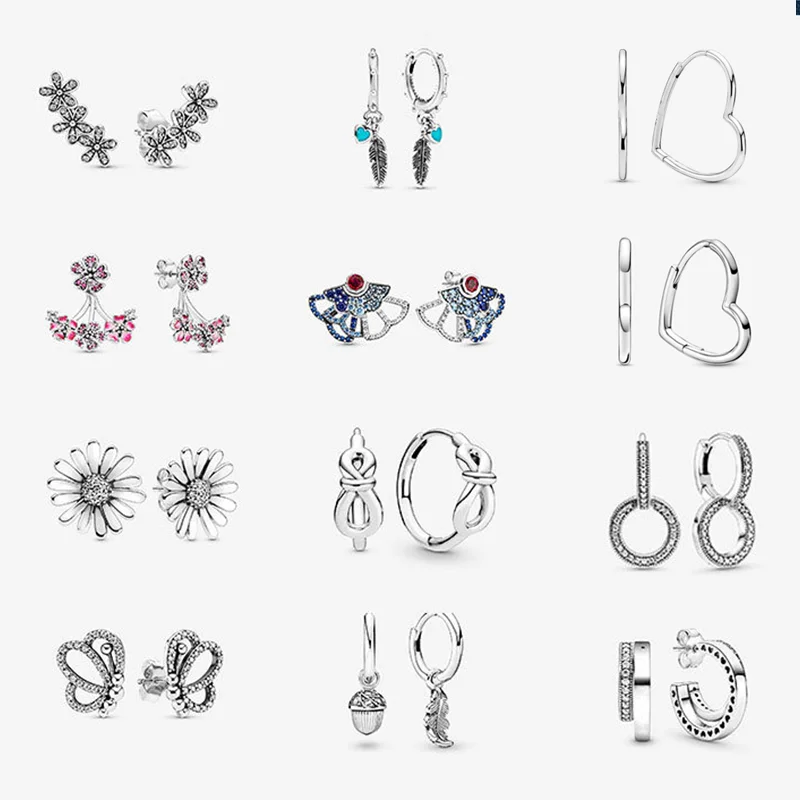 

LR Pan-Style Butterfly 925 Silver Women Piercing Ear Heart Daisy Flower Stud Sleeper Earring Fine Jewelry 2022 Trend