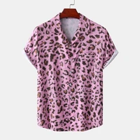 pink leopard print mens shirts lapel neck loose button up blouse breathable summer streetwear sexy shirts men hawaiian shirts