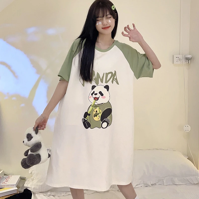 Summer Women Nightgown Pajamas Cartoon Panda Print  Nightdress Cute Sleepwear Girl Pijamas Mujer  Women Leisure Homewear