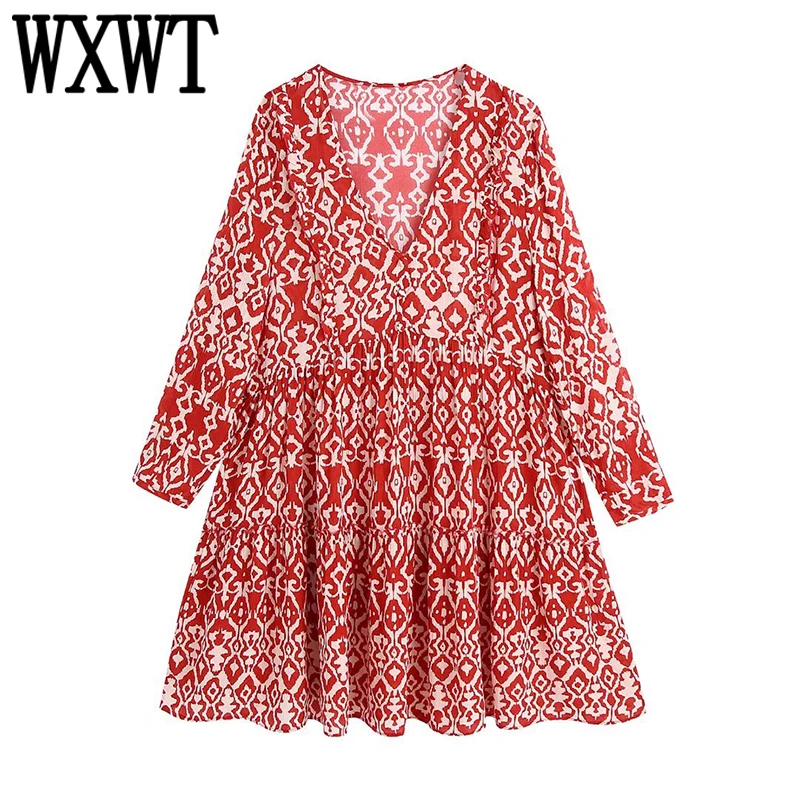 

WXWT Women Spring Print Mini Dress V Neck Long Sleeve Female Loose A-Line Dress Vestidos BB22184