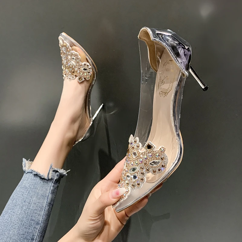 

Transparent High Heels Women 2022 Spring New Pointed Toe Stiletto Shoes Rhinestone Bride Wedding Shoes