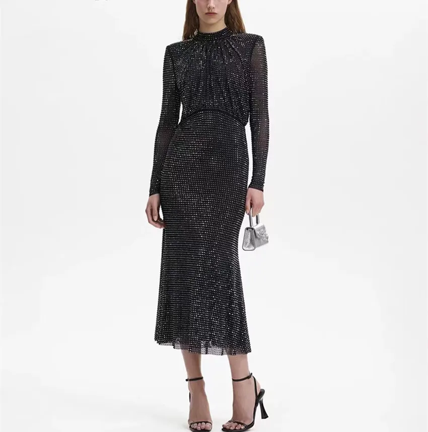 Женское длинное облегающее платье со стразами Элегантное Черное вечернее с