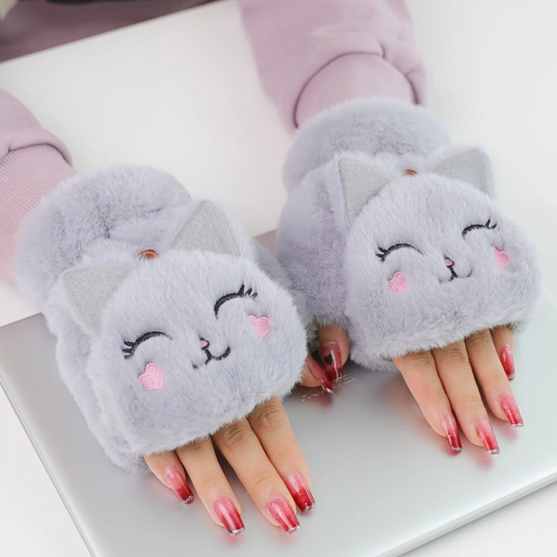 

Мягкие теплые плотные меховые варежки из кроличьего меха, плюшевые перчатки без пальцев, зимние перчатки для вождения без пальцев для женщи...