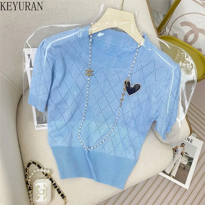 

2023 Summer New Embroidery Love Hollow Out Knitted Sweater T-Shirt Women O-Neck Short Sleeve Slim Pullover Knitwear Crop Tops