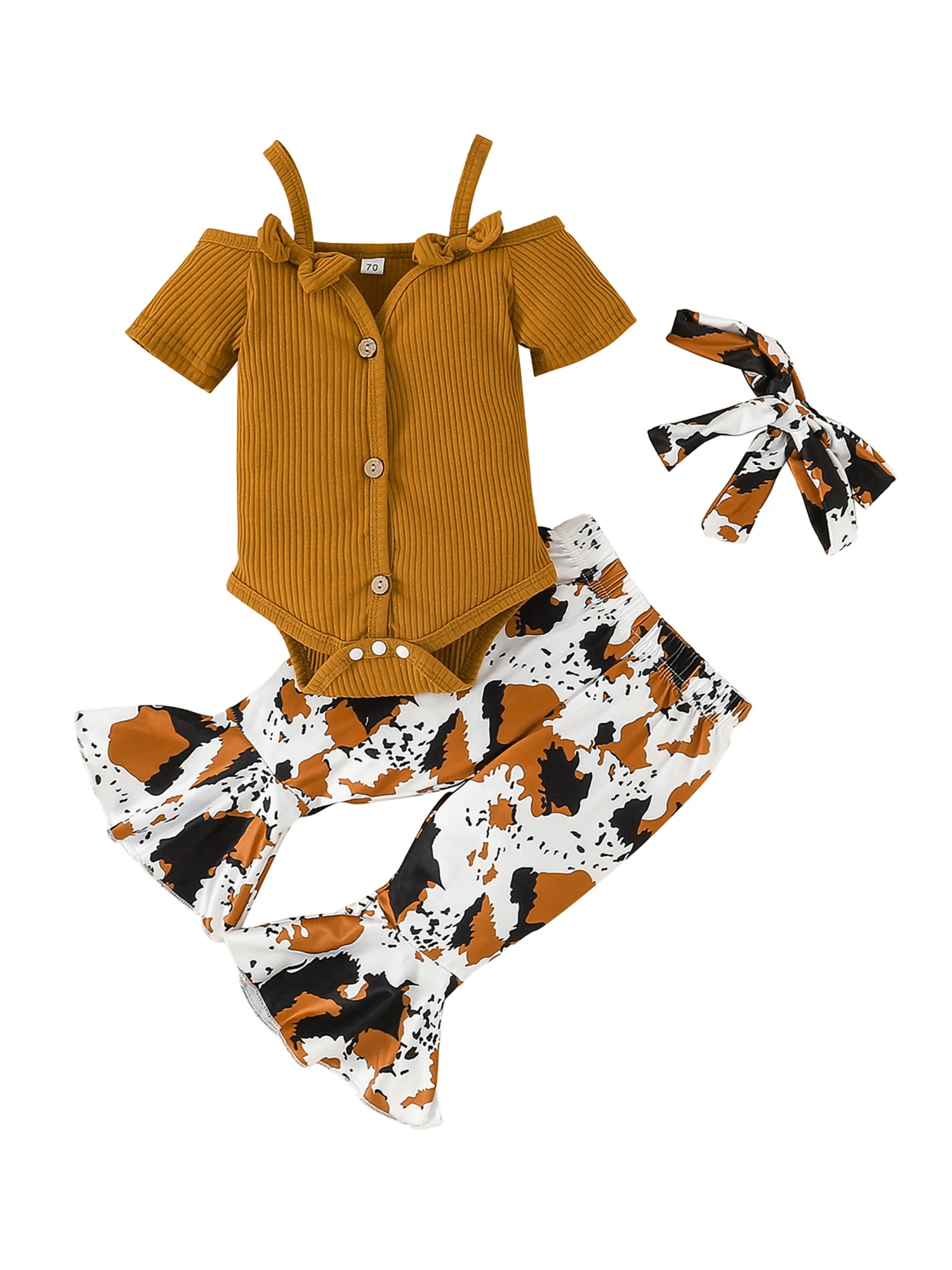 

Newborn Baby Girl Summer Clothes Rib Short Sleeve Suspenders Romper Tops Leopard Print Flare Pants headband Suit
