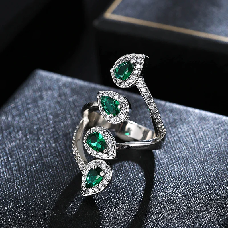 

Luxury Green Water Drop Zirconia Ring Europe and The United States Elegant Ladies Vintage Fashion Open Ring Women Jewelry Decor