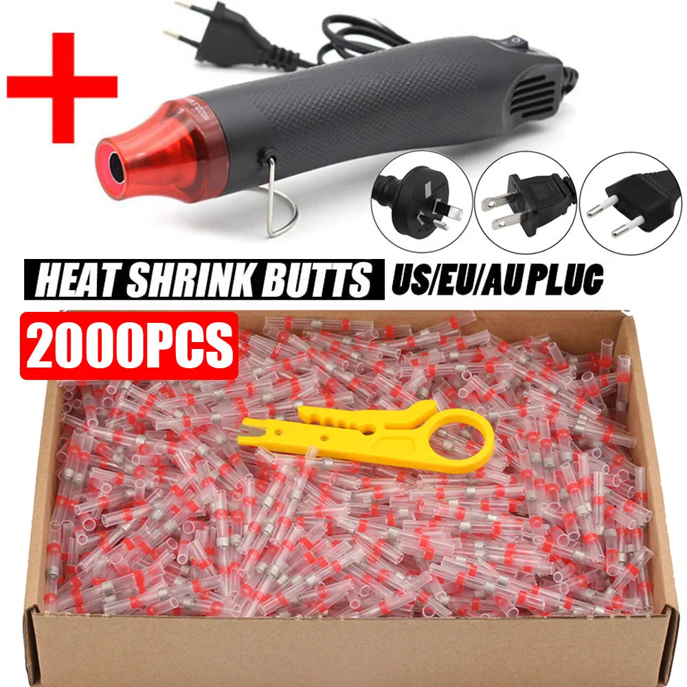 

50-2000PCS Waterproof Heat Shrink Splice Wire Butt AWG22-18 Soldering Insulated Electrical Connectors Terminals with Hot Air Gun