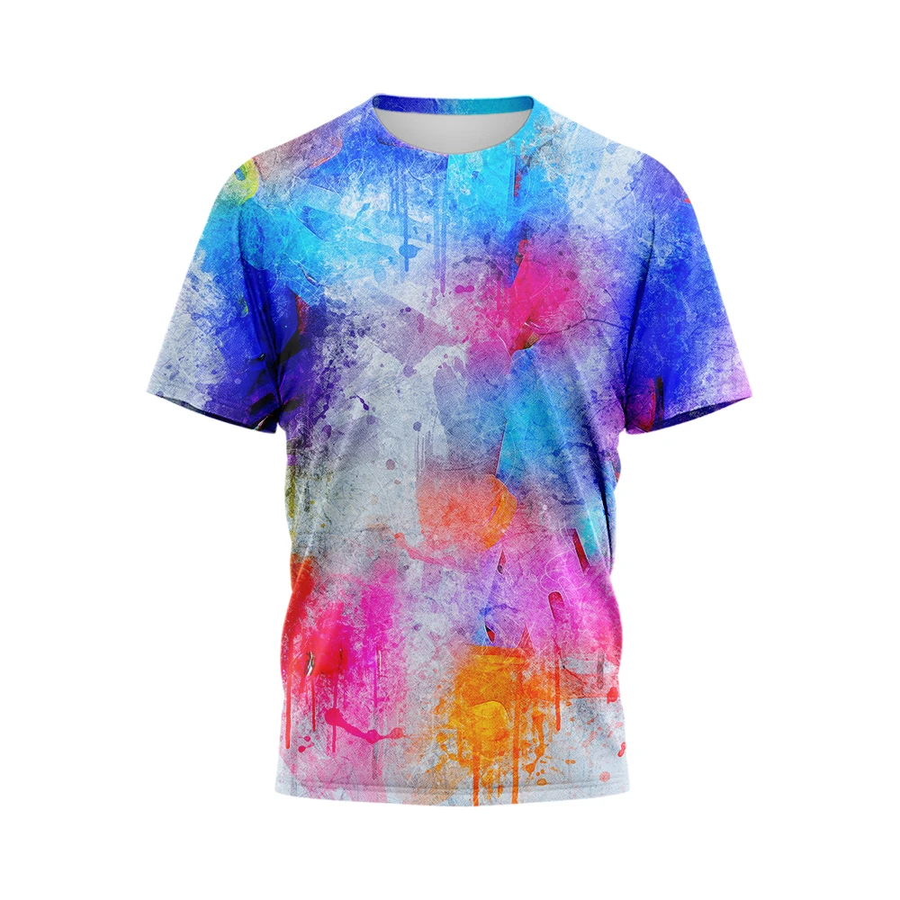 Summer 3D All Over Print T-Shirt for Men Dazzling Pigment Round-Neck Casual Short Sleeve Oversized Street Doodle Tops Tees