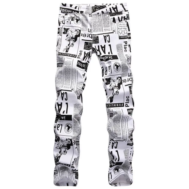 Trendy Nightclub Irregular Personalized Printed Jeans Mens Color Painting Fashion Slim Fit Streetwear Men Denim Pants