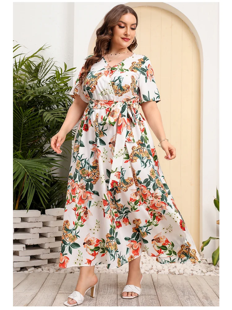 High-waisted exotic V-neck long skirt plus size temperament print black sexy exotic dress