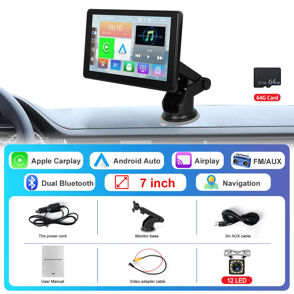 

Podofo 7-дюймовый Carplay монитор MP5 портативный умный плеер с поддержкой беспроводной Carplay Android авто Bluetooth Музыка FM EQ приборная панель