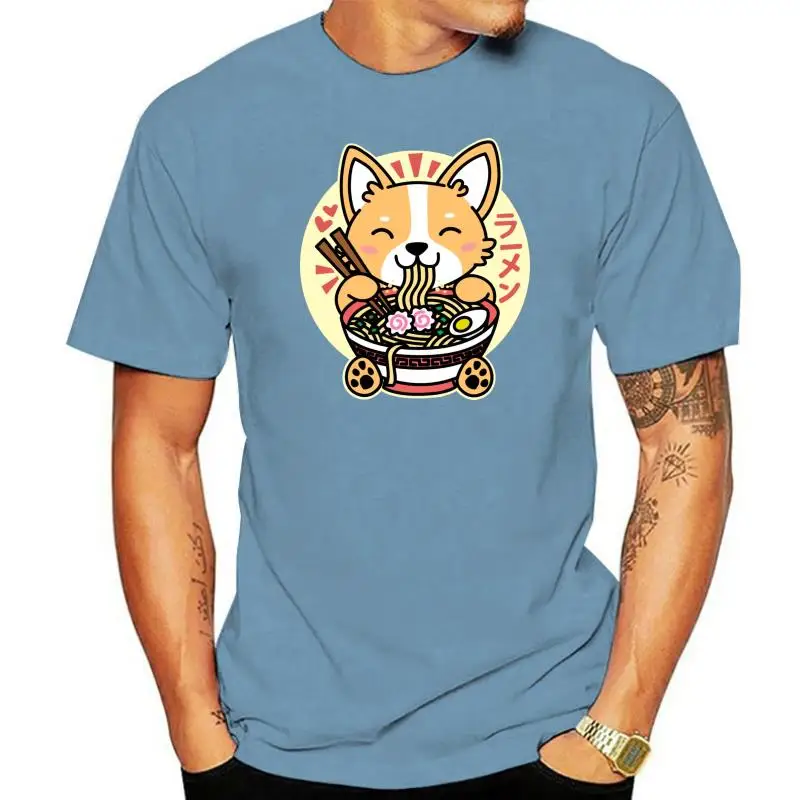 

Men Corgi Eating Ramen Shirt Cool Cute Kawaii Dog T-shirt Noodles Tees Short Sleeved Cotton Leisure T Shirt Crew Neck Clothing