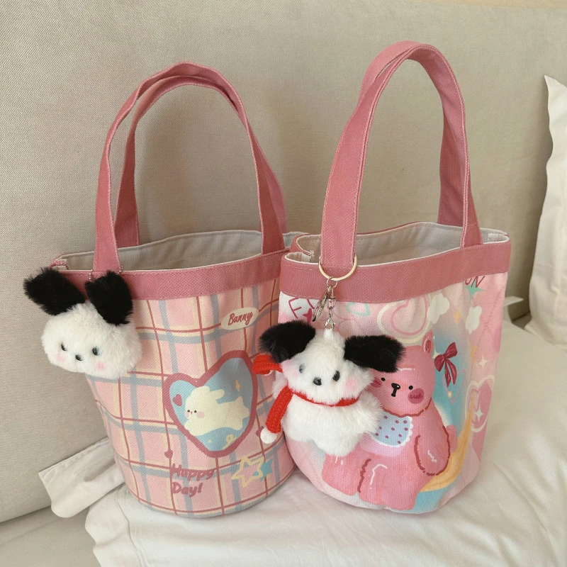 Cute Sweet Cartoon Printed Bucket Bag Portable Canvas Bag Women's Shopping Tote Bag Work Bento Bag Kawaii Women's Handbag
