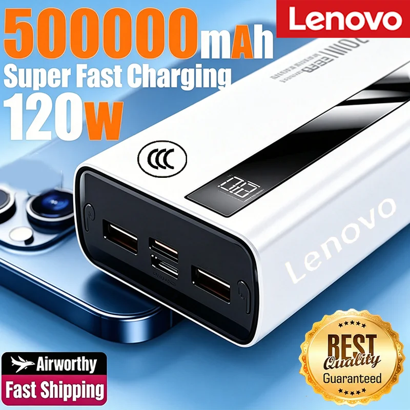Фото Lenovo 500000 мАч, большая емкость, 3C PowerBank, 120 Вт, быстрая зарядка, портативный внешний аккумулятор с LED-подсветкой для iPhone 15-17, Huawei 2027 №1