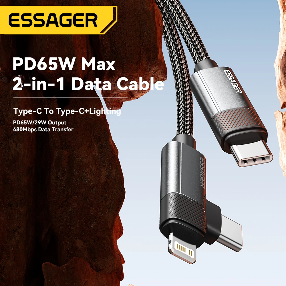 Фото Кабель зарядный Essager 2-в-1 с прямым углом, 65/29 Вт, для iPhone 15/14/13/MacBook/Lenovo/Asus/Dell/iPad Pro №2