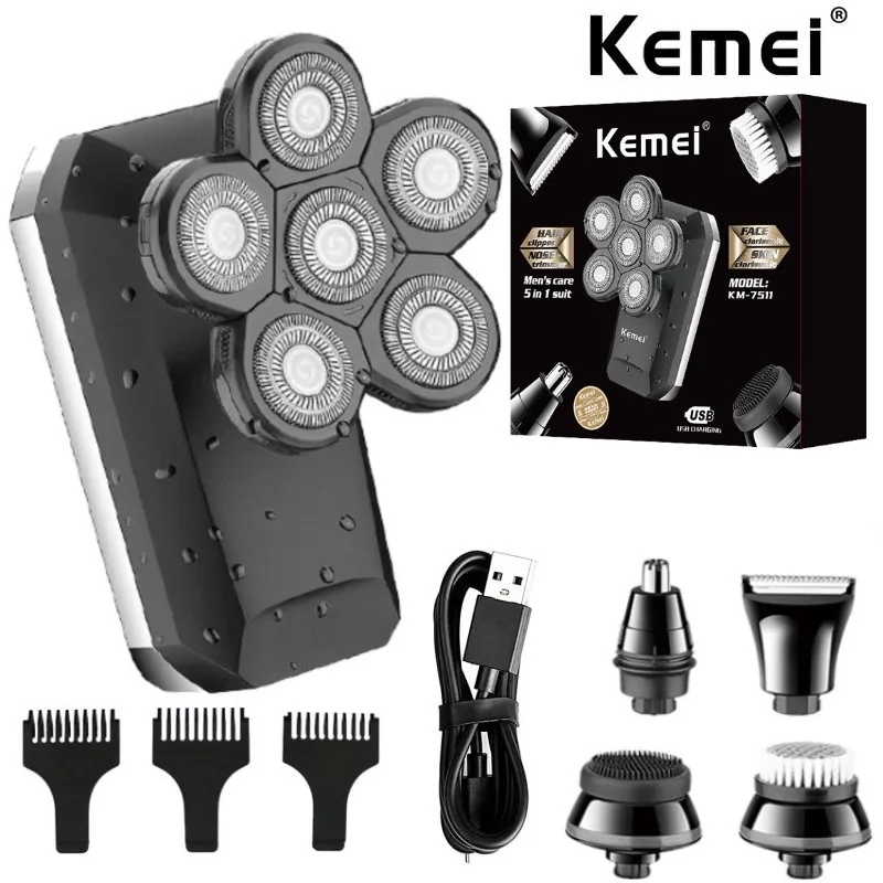 

Kemei 7511 Six Blades Rechargeable Beard Hair Electric Shaver Trimmer Electric Razor Bald Head Shaving Machine for Men Grooming