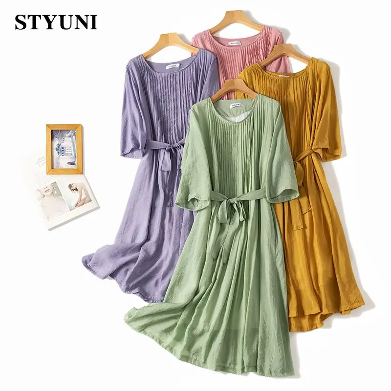 

Женское плиссированное платье из хлопка и льна, с круглым вырезом и рукавом три четверти