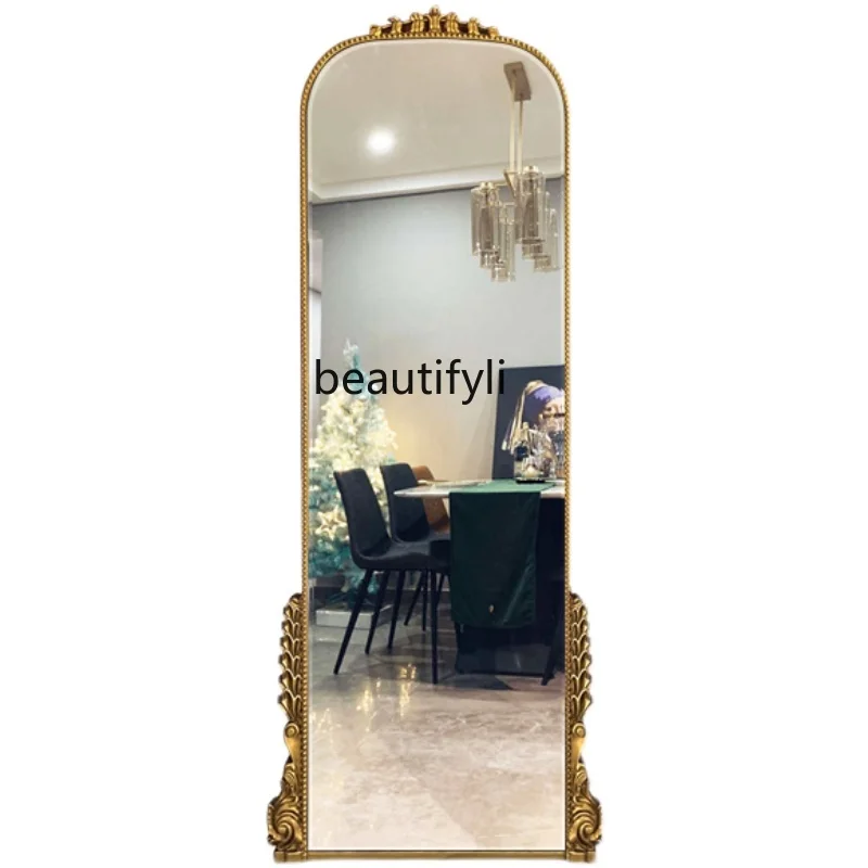

zqFrench Retro European Fitting Dressing Mirror Arch Carved Home Bedroom Wall Hanging Wall Floor Mirror