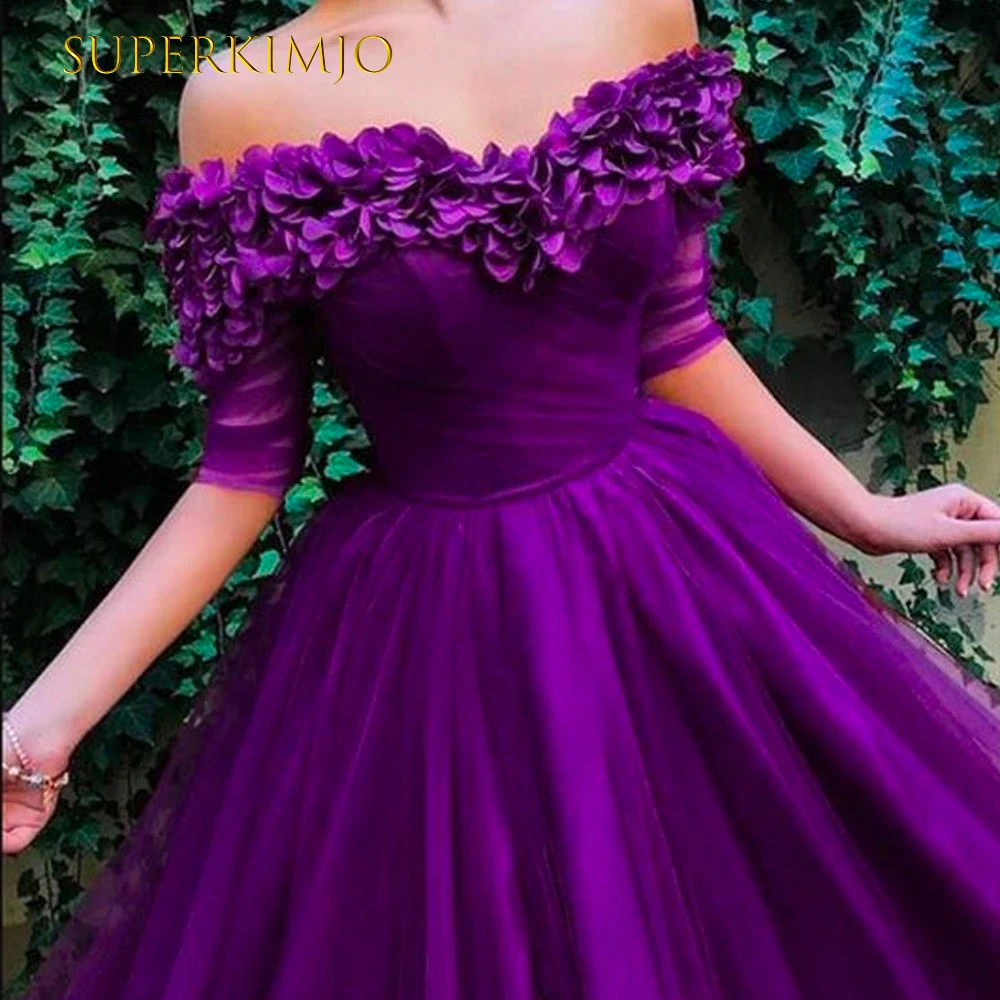

SuperKimJo Vestidos De Cocktail Purple Floral Prom Dresses Robe Elegant Long Tulle Prom Gown Vestido Fiesta Mujer Elegante