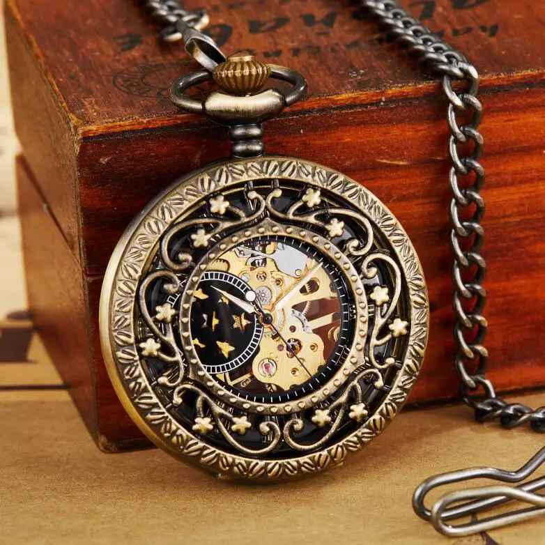 

Pentagram openwork carved hollow flip semi-automatic mechanical pocket watch