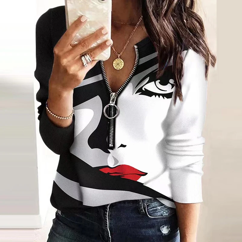 Женская винтажная блузка на молнии с геометрическим принтом сезон весна-осень 2022