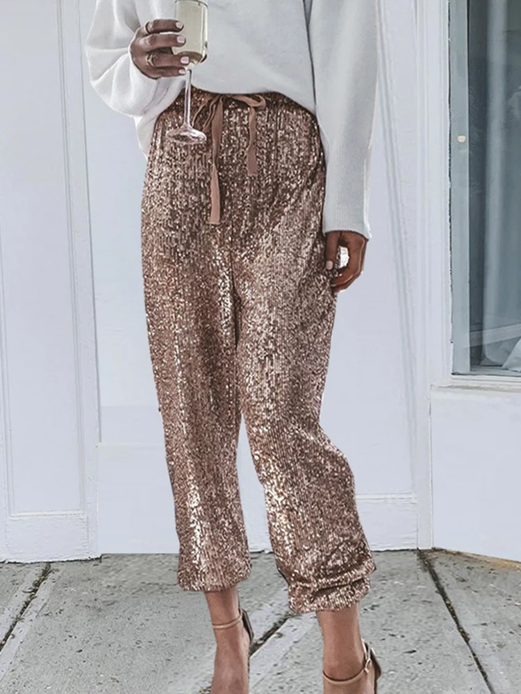

Fashion Shiny Trousers Bloomers Drawstring High Waist Belted Lounge Pants For Party Bottoms 2022 New Arrivals