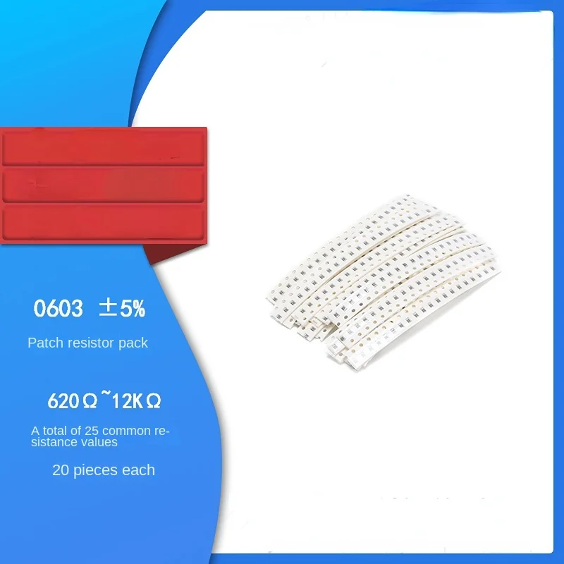 

Package 0603 SMD resistor package 620R-12K 5%, totally 25 kinds, 20 pieces each.