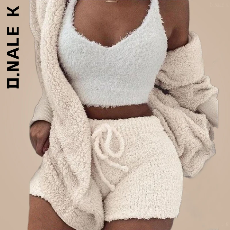 Sexy Fluffy Outfits Plush Velvet Hooded Cardigan Coat+Shorts+Crop Top Three Piece  Women Tracksuit Sets Casual Sports Sweatshirt