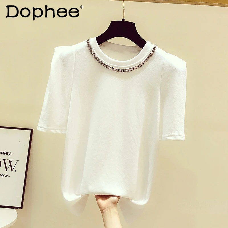 

Chain Round Neck T-Shirts Womens 2022 Summer New Loose Design All-Matching Fashionable Short Sleeve Tees White Black