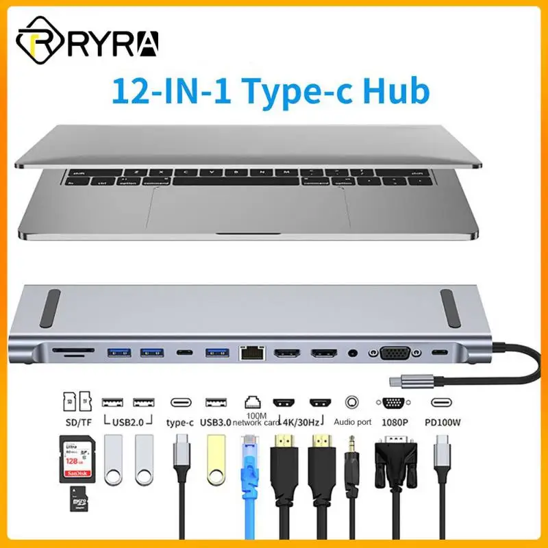 

RYRA 12-In-1 USB Type-C Hub To Dual - Rj45 Multi USB 3.0 Power Adapter Docking Station For Laptop Support Pd Transmission