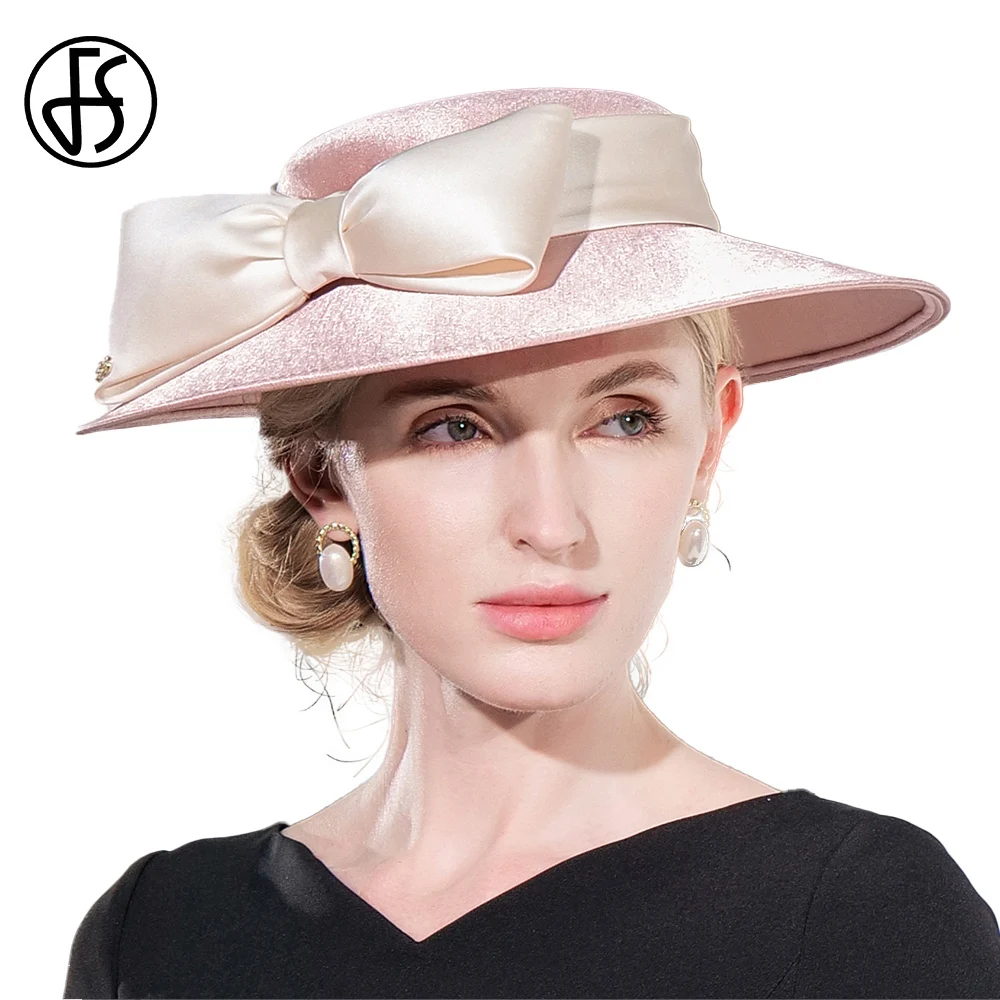 FS Elegant Millinery Pink Hats For Women Sweet Lovely Fedoras Ladies Big Bowknot Church Cap Formal Occasion Sombrero Female 2023