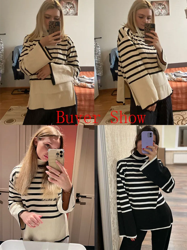 Women Striped Turtleneck Sweater Streetwear Long Sleeve Loose Pullover Tops Female Jumper Autumn Winter Baggy Knitted Sweaters images - 6