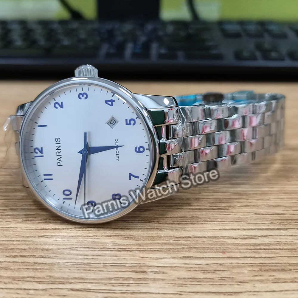 Автоматический белый циферблат Parnis 38 мм Miyota821A голубые знаки мужской