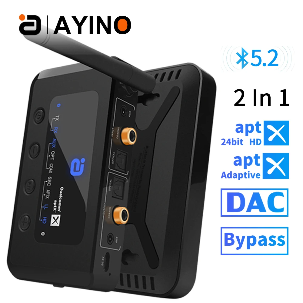 

AYINO aptX адаптивный Bluetooth 5,2 Hi-Fi беспроводной аудио передатчик приемник Двойной режим байпас оптический, коаксиальный и AUX 3,5 мм