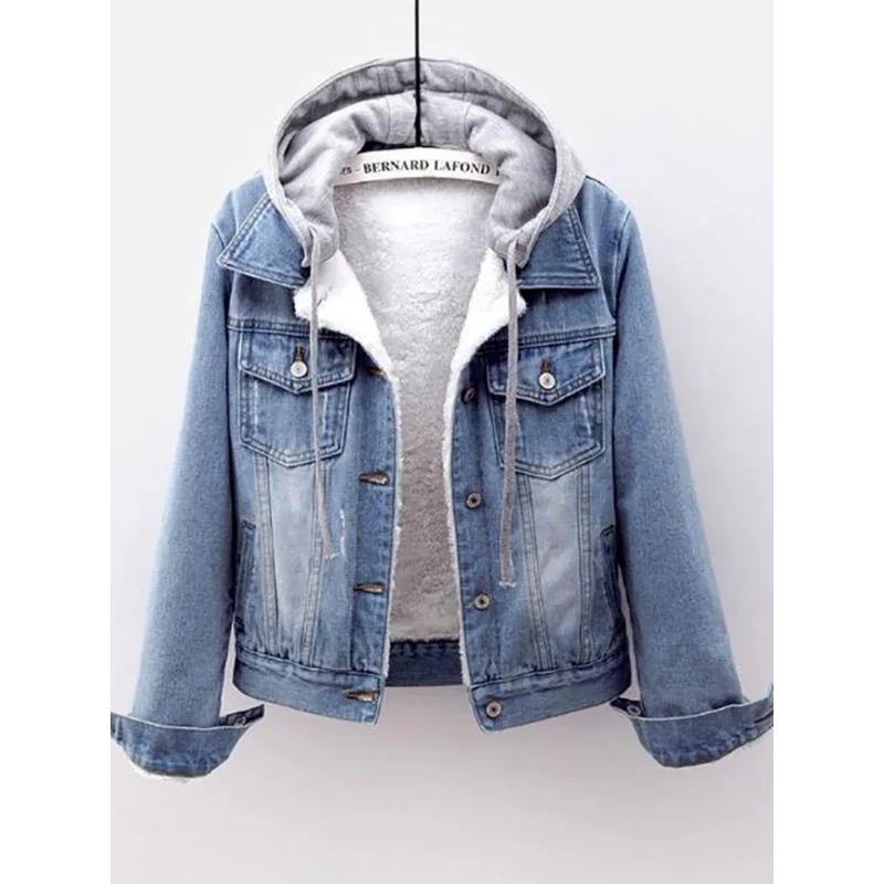 

Women Fleece Warm Winter Women Jean Jacket Pockets Button Soft Hooded Warm Outerwear Hooded Fashion Slim Denim Coats Female