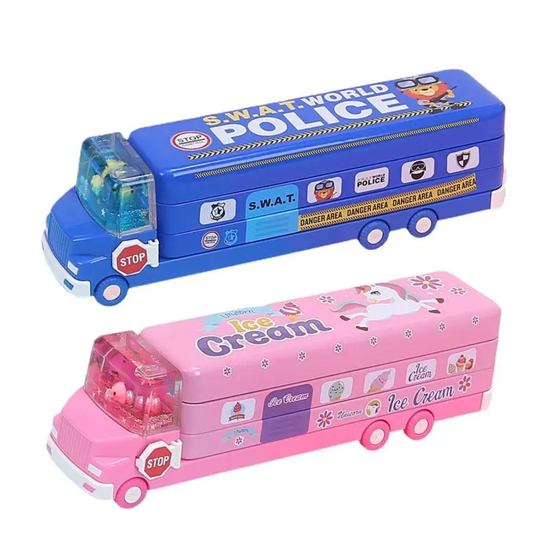 

School Bus Pencil Case Canvas Stationery Box Large Capacity Pen Bag School Pencil Box Multifunction Stationery Box With 3 Layers