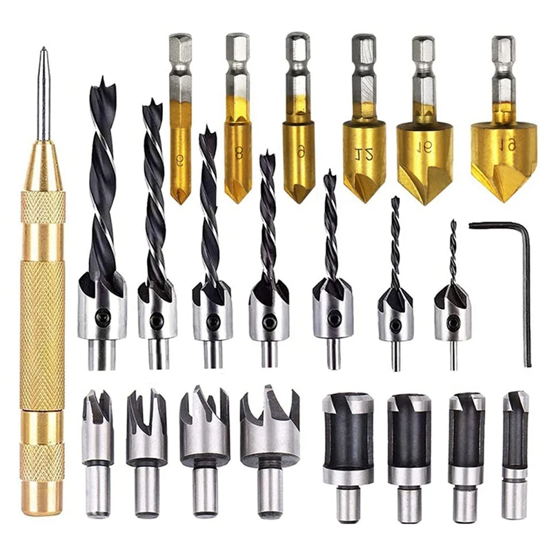 

23-Pack Woodworking Chamfer Drilling Tool Set Three-Pointed Countersink Drill Bit Woodworking Chamfering Device