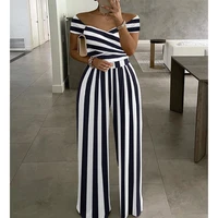 summer 2022 fashion women chic elegant daily work v cut short sleeve striped print off shoulder wide leg jumpsuit