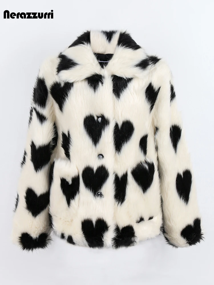 Nerazzurri Winter Loose Thick Warm Fluffy Jacket Women Drop Shoulder Long Sleeve Pockets Luxury Heart Shaped Faux Fur Coat 2022