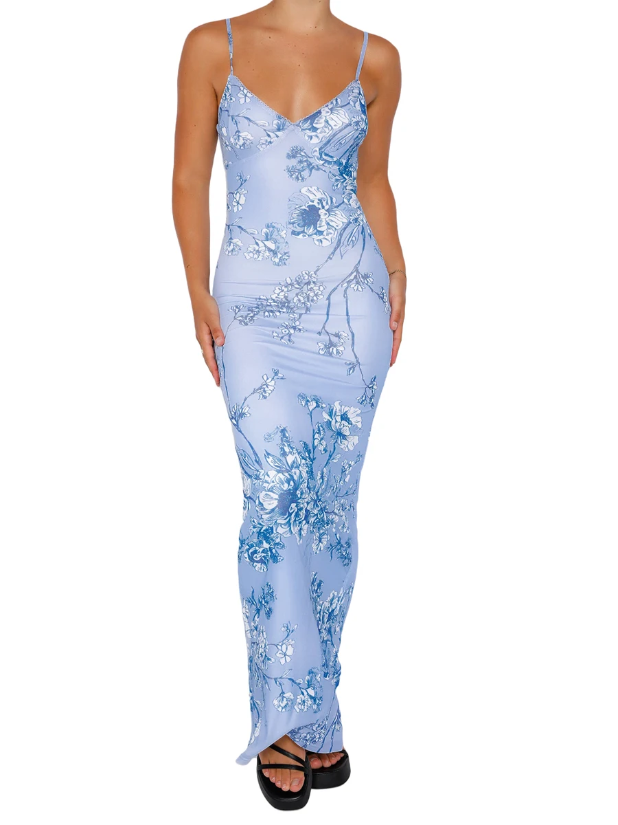 

Women's Bodycon Long Dress,Elegant Vintage Floral Print Sleeveless Spaghetti Strap V Neck Cocktail Party Dress