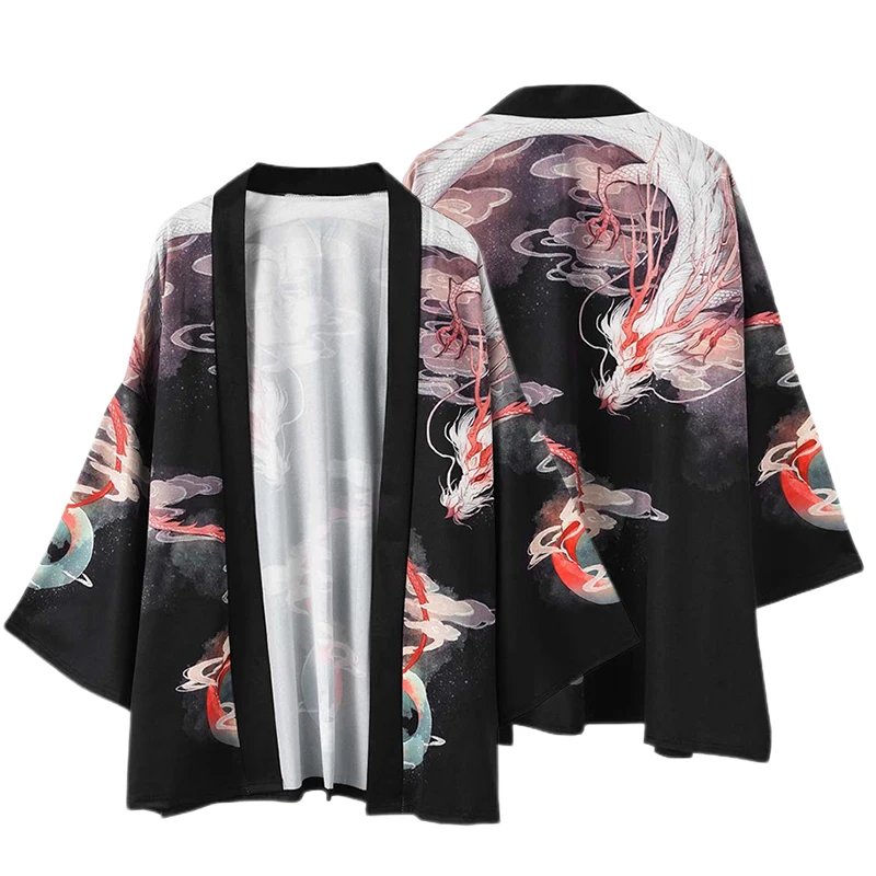 Халат-кимоно мужской с принтом китайского дракона повседневный тонкий кардиган