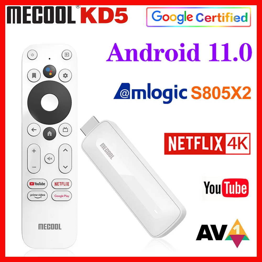 

Mecool KD5 Netflix TV Stick Amlogic S805X2 TV Box Android 11 1GB 8GB Google Certified Voice 1080P H.265 4K 60pfs 2.4G&5G Wifi BT