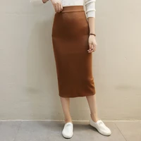 autumn winter womens knitted skirts korean high waist mid long one step skirt woman elegant open forked skirts
