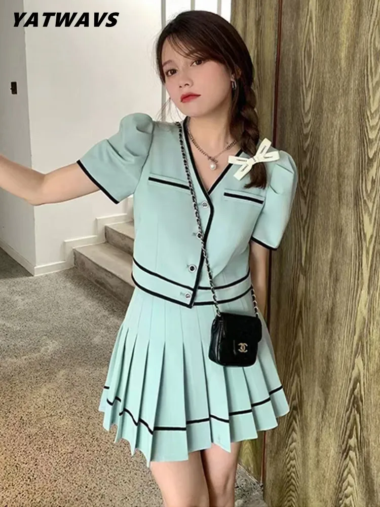 

High Quality New 2022 Summer Two Piece Set Women V-Collar Short Jacket Coat Top + Chic Pleated Mini Skirts Sets Casual Lady Suit