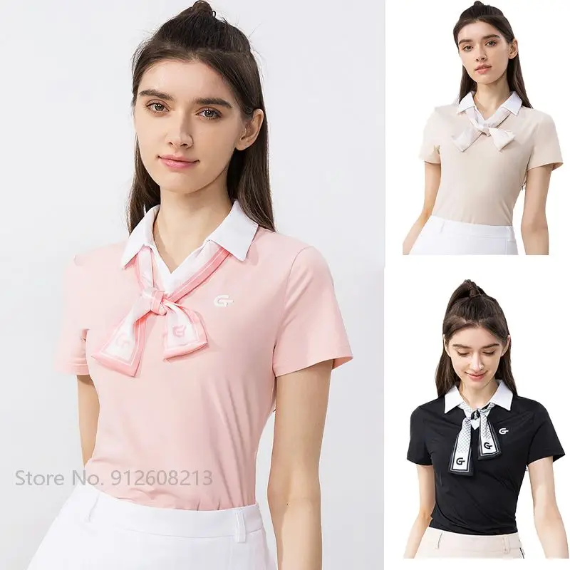 Ist Girls Short Sleeve Golf Polo T-shirt Breathable Elastic Women Golf Shirt Casual Quick Dry Tops With Bow Tie S-xxl