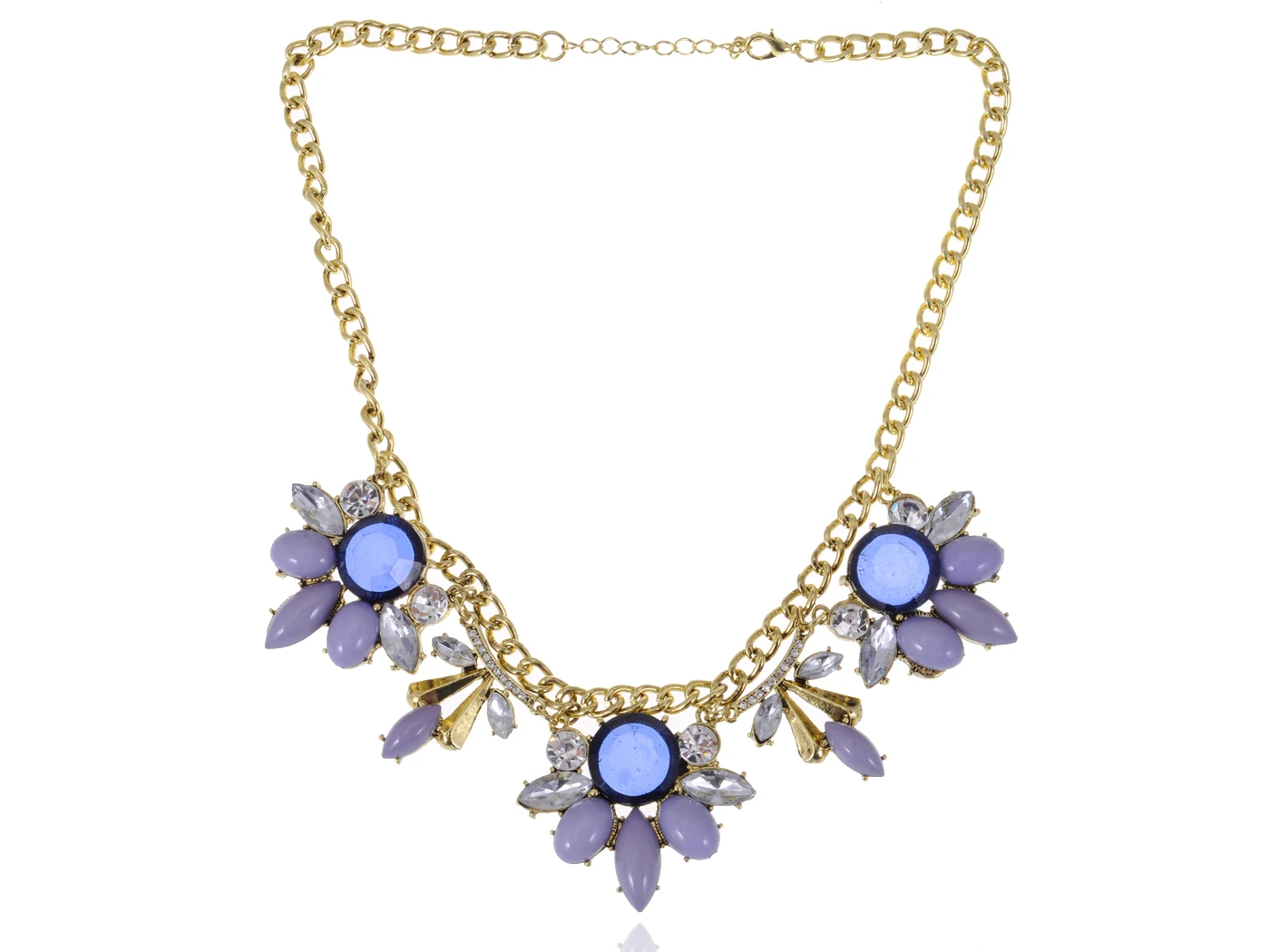 

Women's Golden Tone Chain Blue Purple Beads Clear Crystal Rhinestones Cluster Florals Bib Collar Necklace