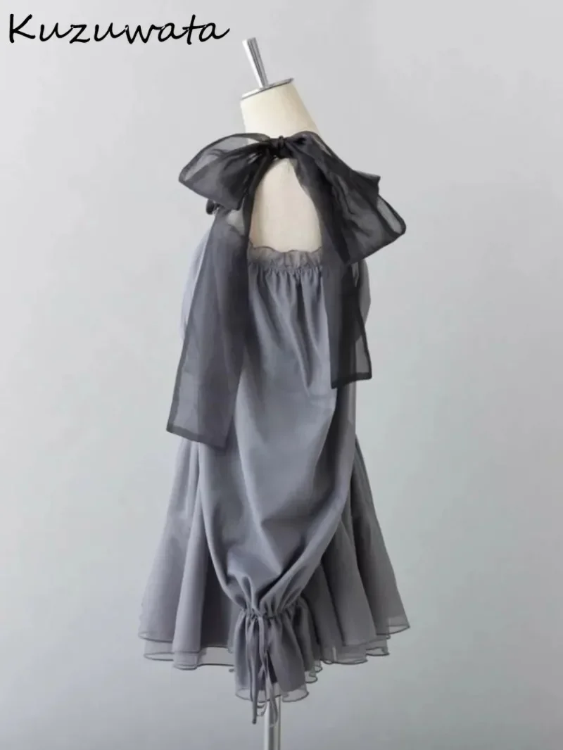 Kuzuwata Sweet Slash Neck Puff Sleeve Рубашка средней длины с открытыми плечами и бантом на